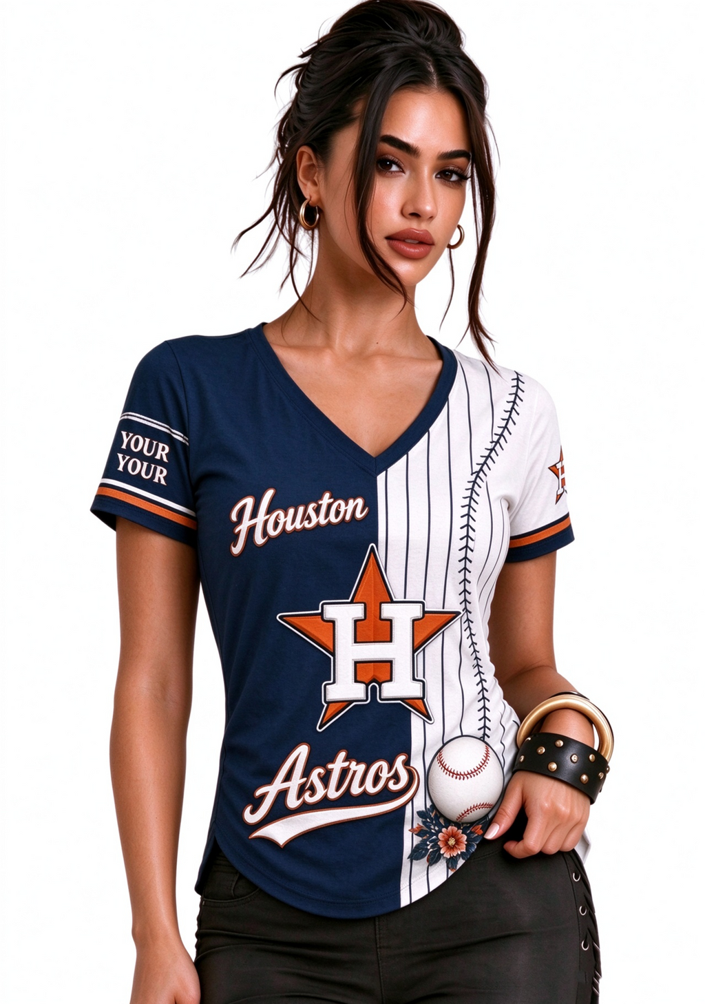 Women Houston Astros Baseball Half Striped Henley T-Shirt