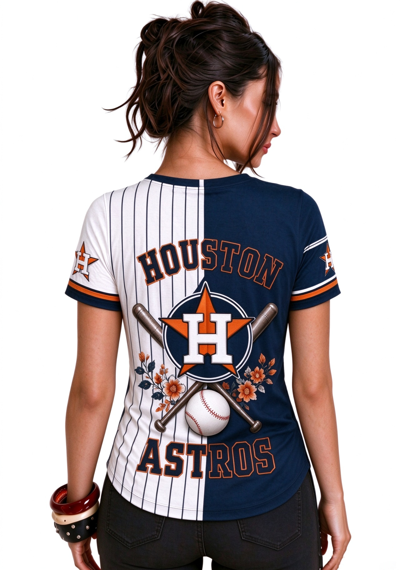 Women Houston Astros Baseball Half Striped Henley T-Shirt Secondary image