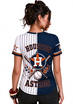 Women Houston Astros Baseball Half Striped Henley T-Shirt