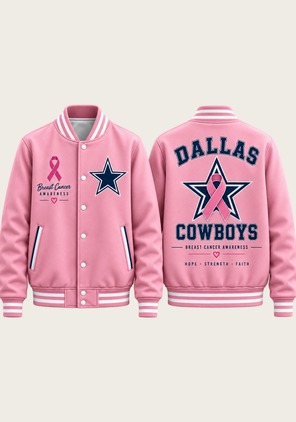 Dallas Cowboys Breast Cancer Awareness Pink Ribbon Varsity Jacket