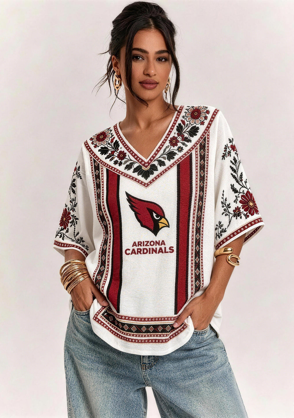 Boho Red Floral Arizona Cardinals V-Neck Blouse