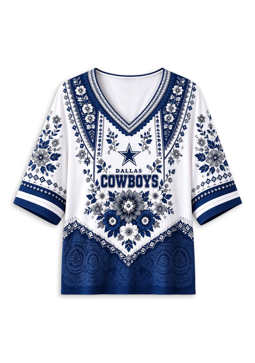 Women’s Dallas Cowboys Boho Floral V-Neck 3/4 Sleeve Shirt