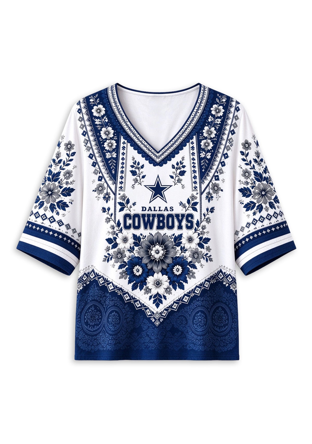 Women’s Dallas Cowboys Boho Floral V-Neck 3/4 Sleeve Shirt
