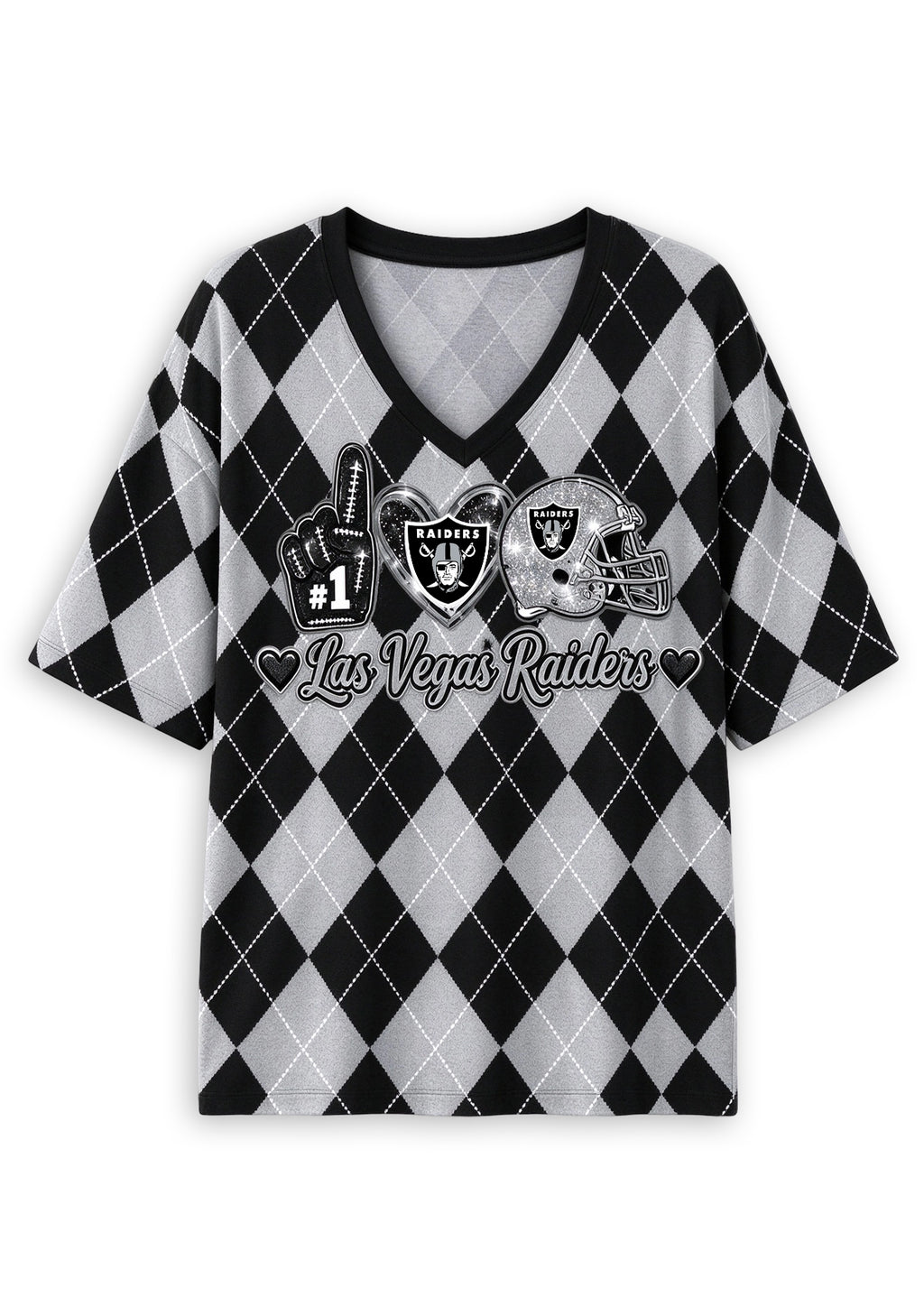 Women's Las Vegas Raiders Argyle #1 Fan Heart Helmet V-Neck T-Shirt