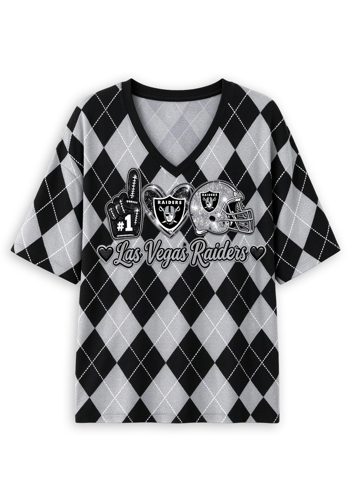 Women's Las Vegas Raiders Argyle #1 Fan Heart Helmet V-Neck T-Shirt
