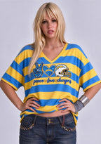 Women's Peace Love Los Angeles Chargers Football Striped V Neck T-Shirt