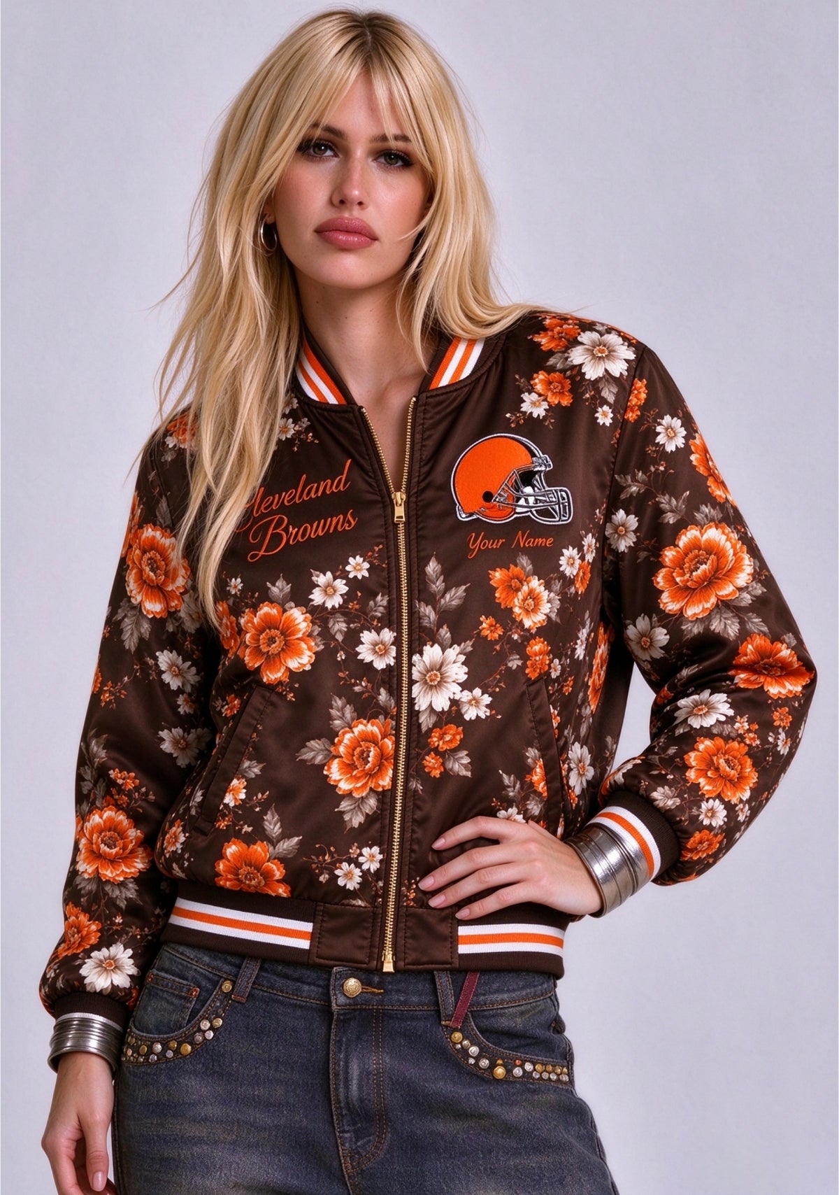 Women Cleveland Browns Floral Print Zip Up Jacket Custom Name For Fan