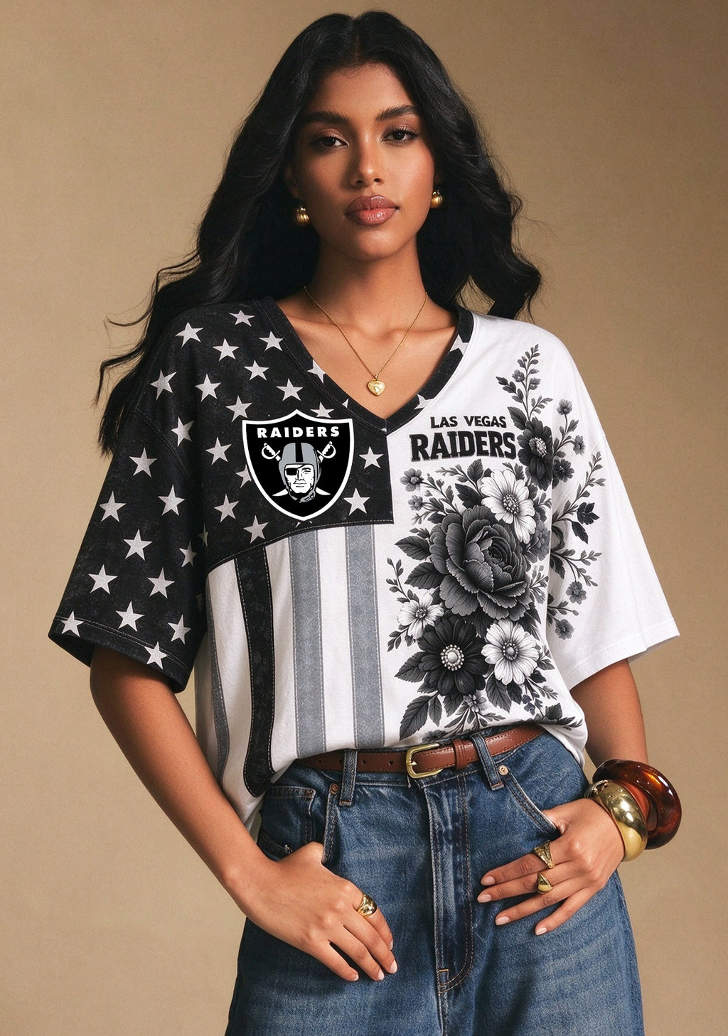 Women's Las Vegas Raiders American Flag Floral V-Neck T-Shirt