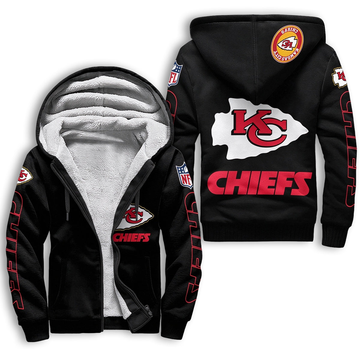Kansas City Chiefs Fleece Lined Zip Up Football Fan Hooded Jacket