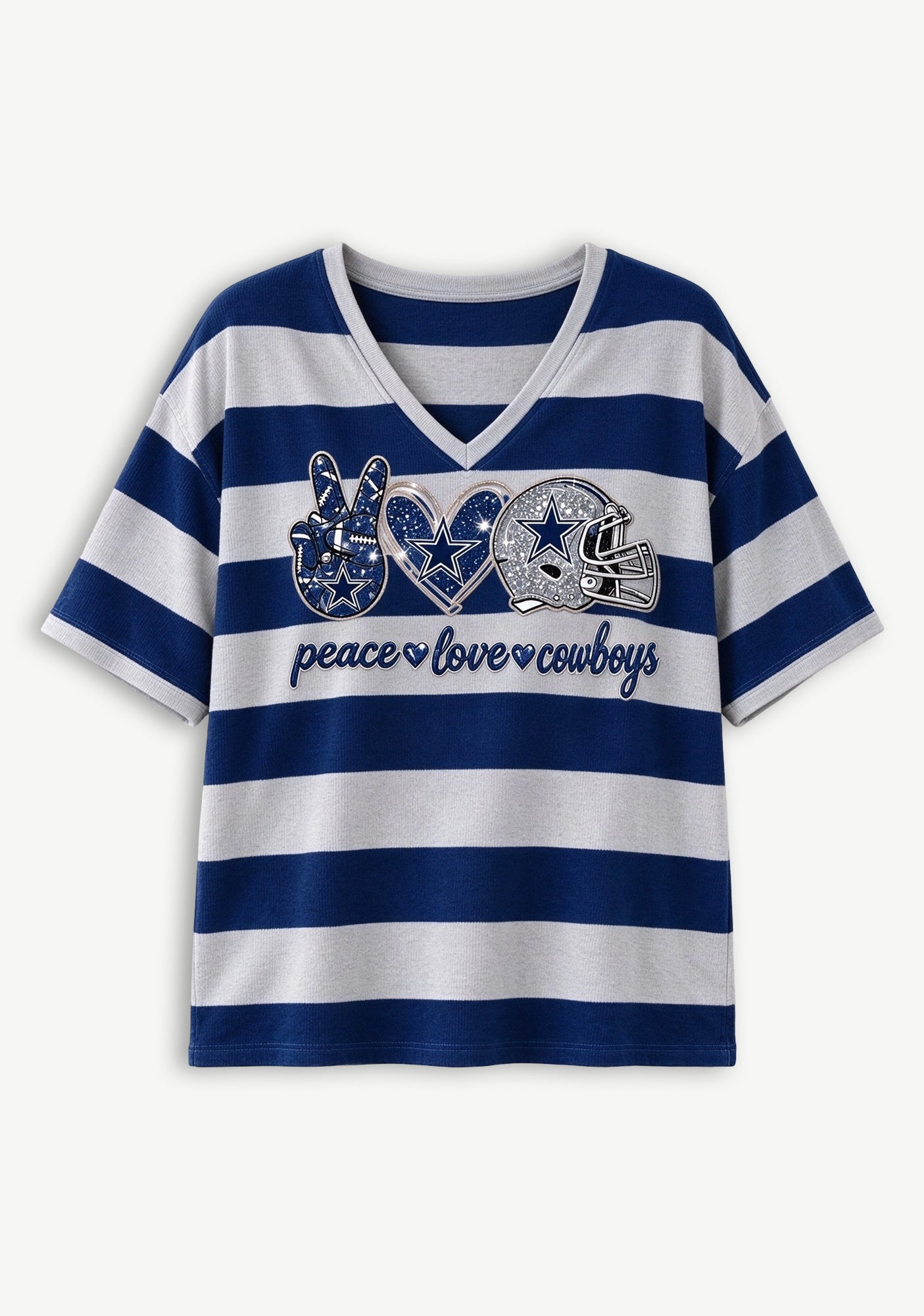 Women's Peace Love Dallas Cowboys Football Striped V Neck T-Shirt Secondary image