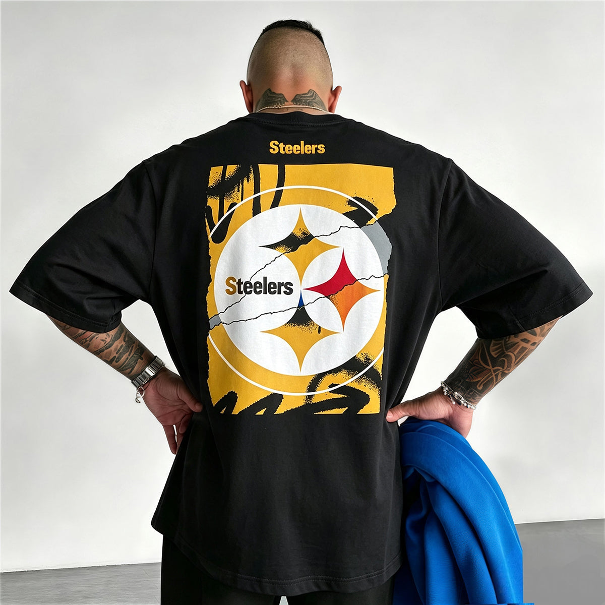 Distressed Cracked Steelers Logo Back Print Printed T-Shirt Main image