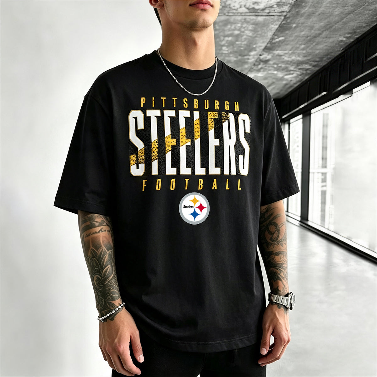 Distressed Cracked Steelers Logo Back Print Printed T-Shirt Secondary image