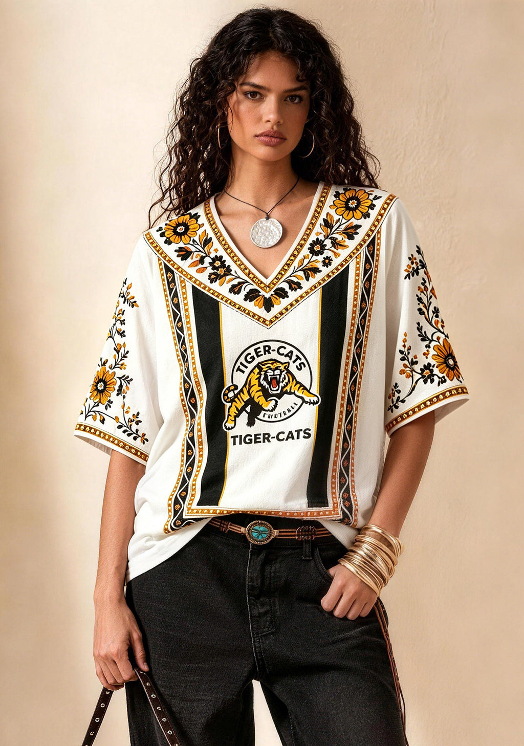 Boho Floral Border Hamilton Tiger-Cats V-Neck Blouse