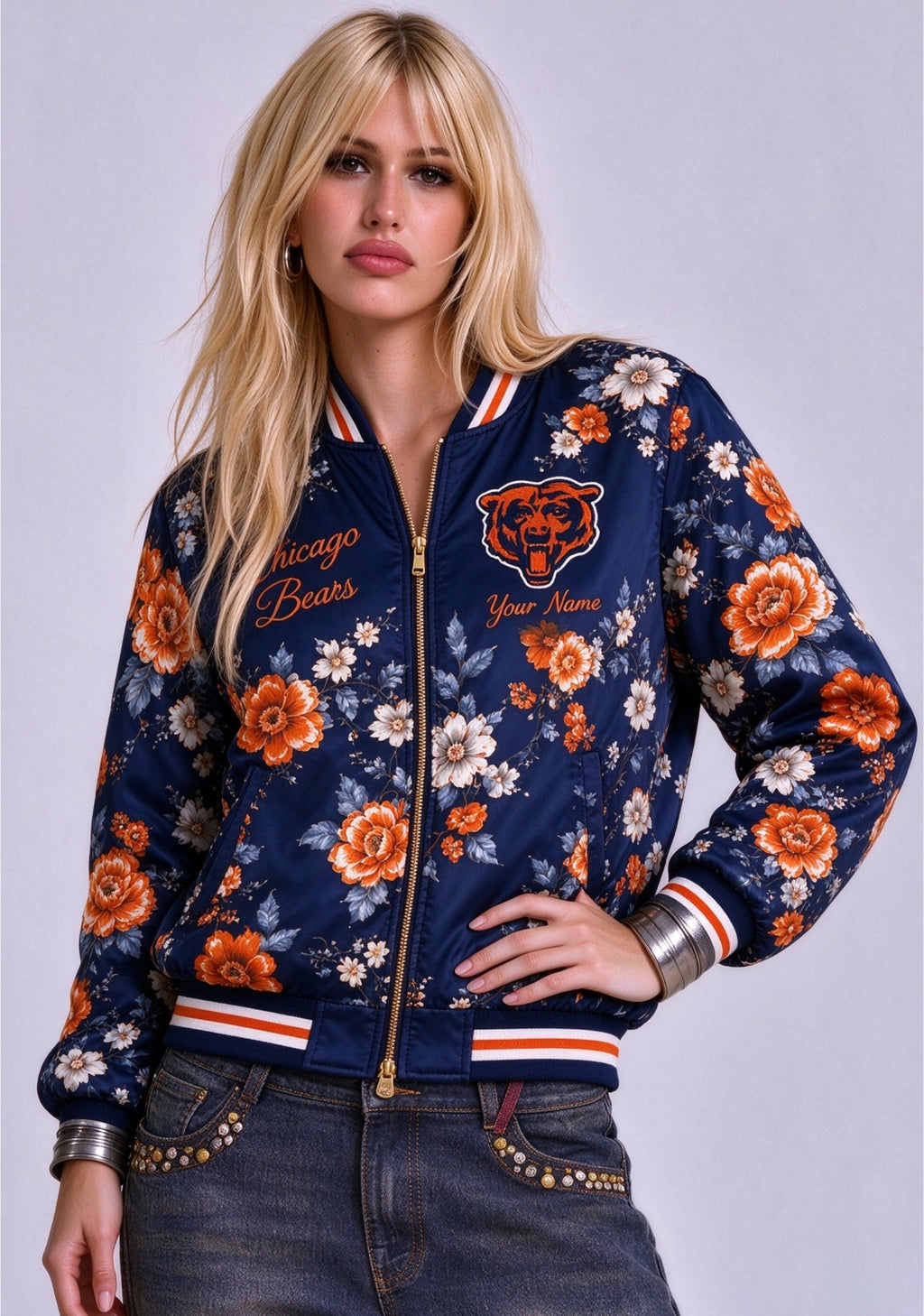 Women Chicago Bears Floral Print Zip Up Jacket Custom Name For Fan