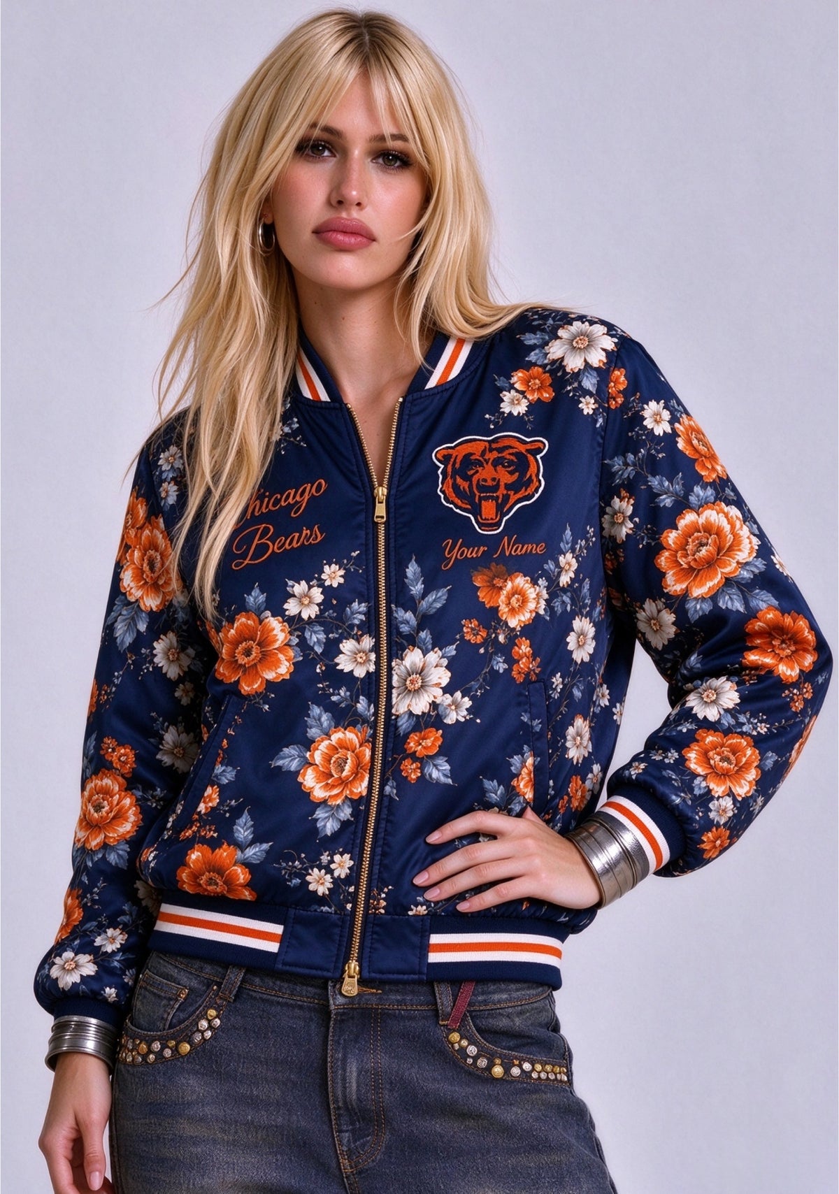 Women Chicago Bears Floral Print Zip Up Jacket Custom Name For Fan