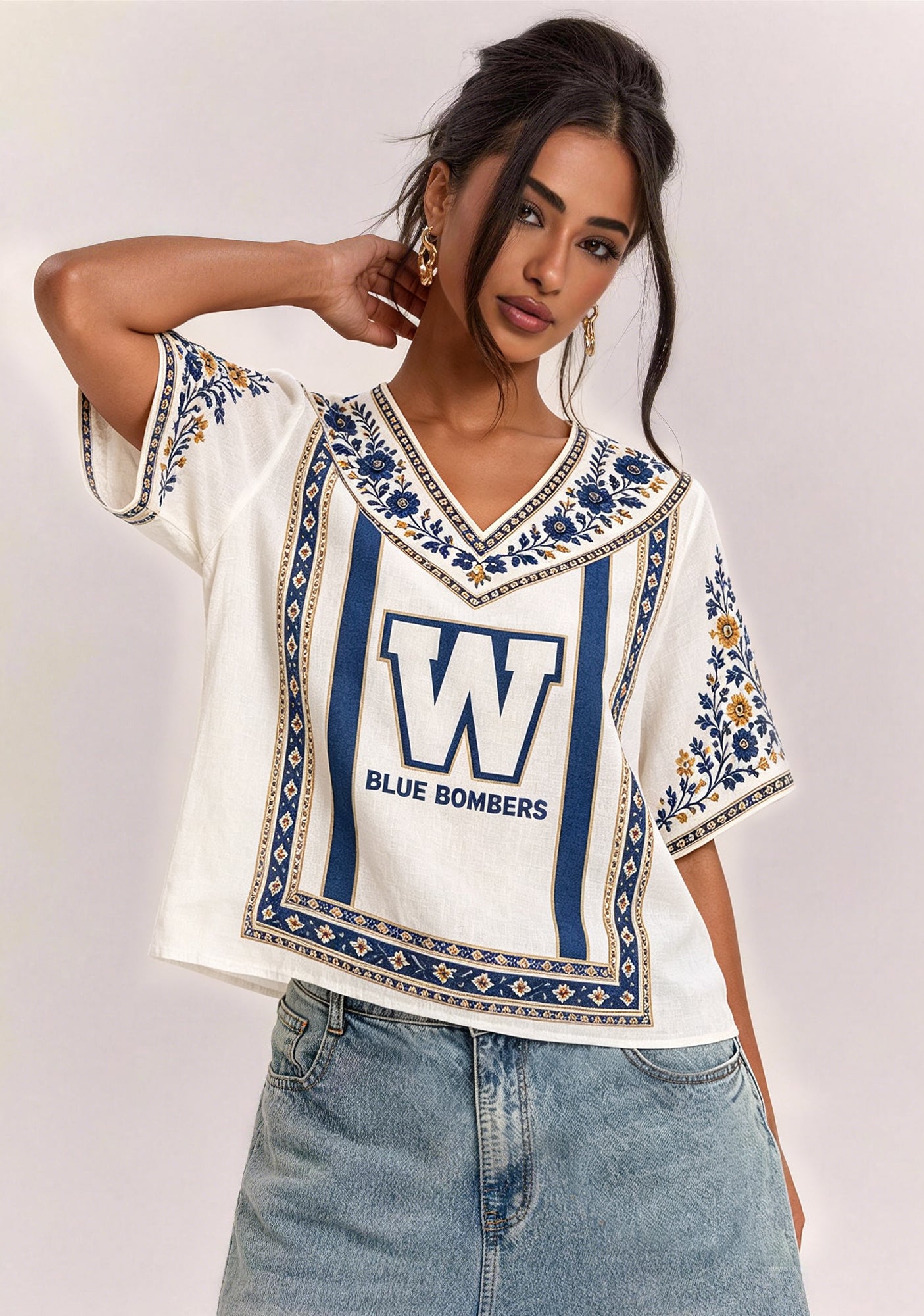 Boho Floral Border Winnipeg Blue Bombers V-Neck Blouse Main image