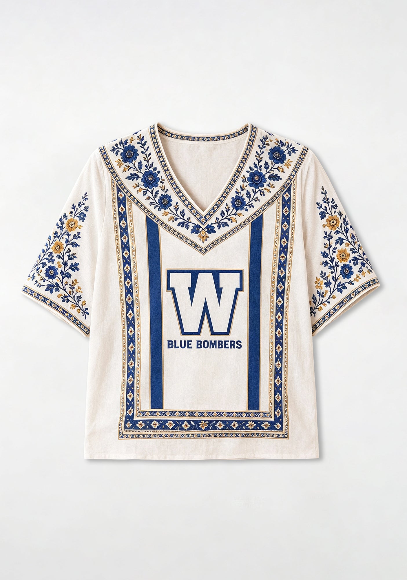 Boho Floral Border Winnipeg Blue Bombers V-Neck Blouse