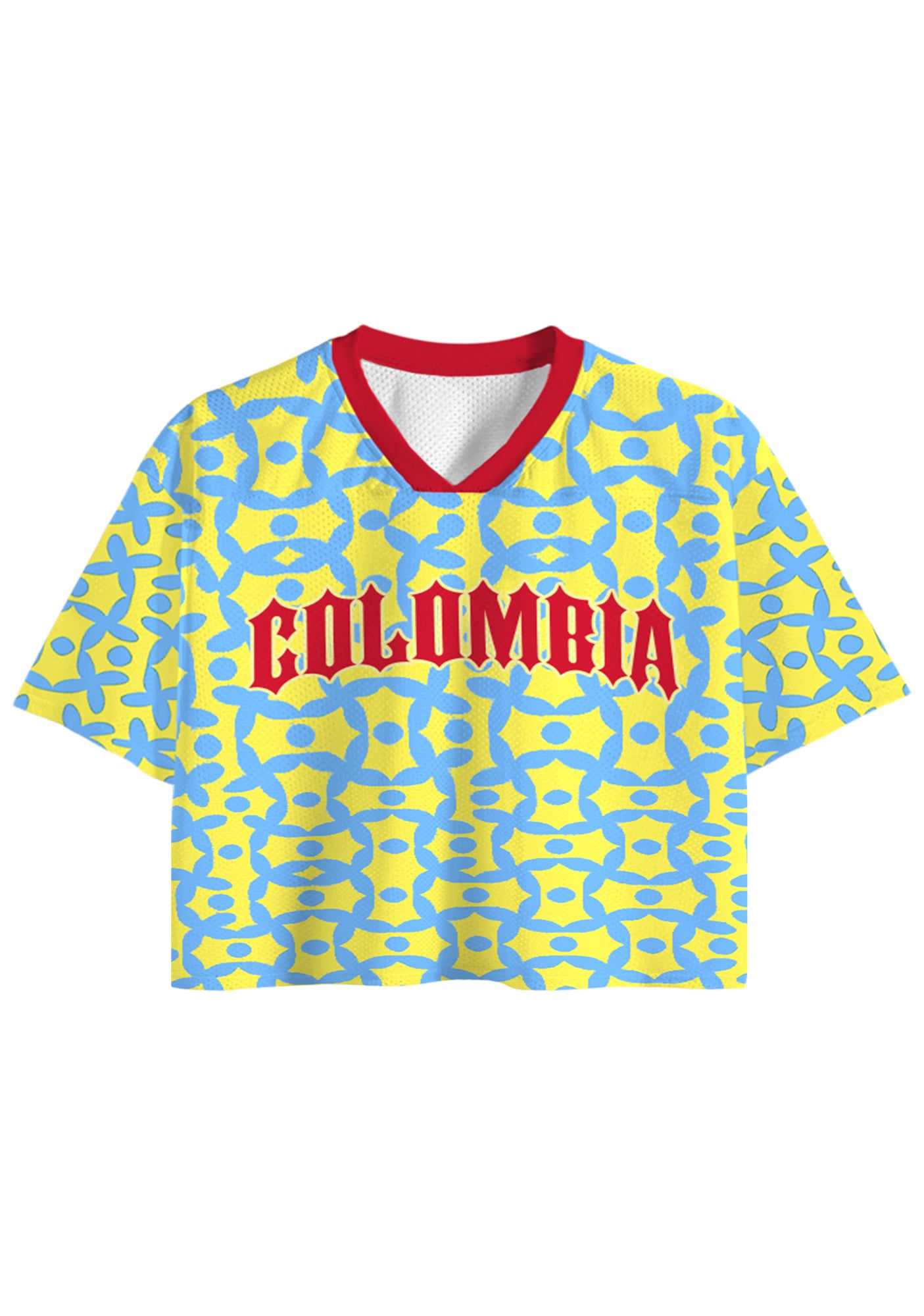 Vibrant Colombia Yellow Blue Floral Cropped Jersey Shirt Secondary image