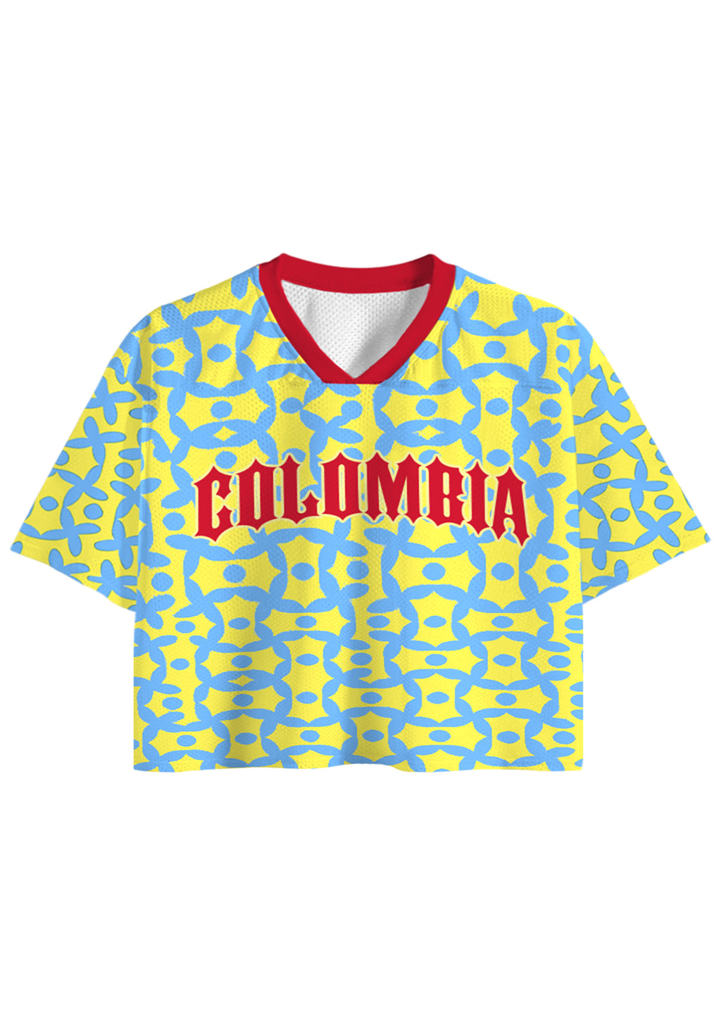 Vibrant Colombia Yellow Blue Floral Cropped Jersey Shirt