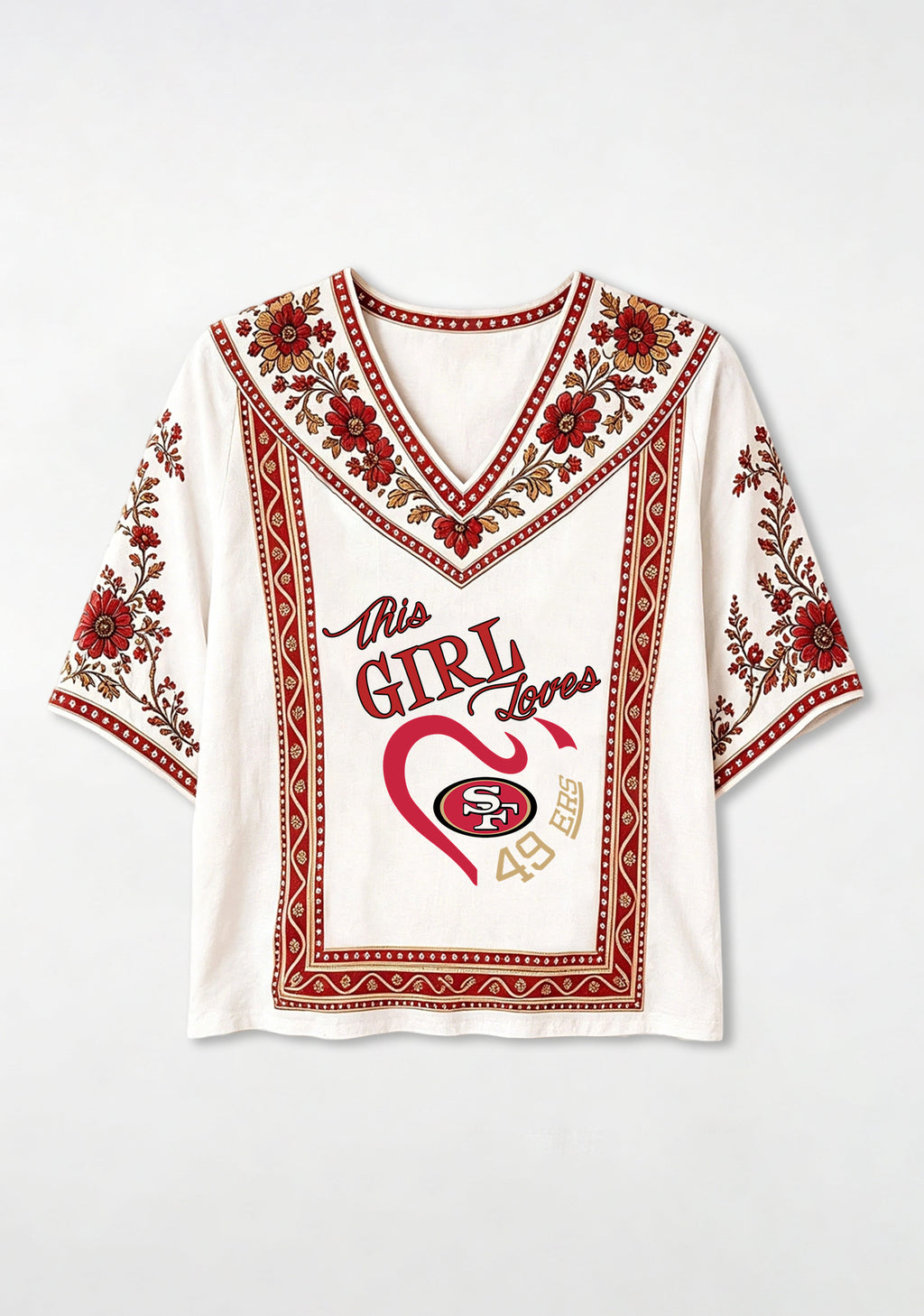Boho Floral Border San Francisco 49ers V-Neck Blouse