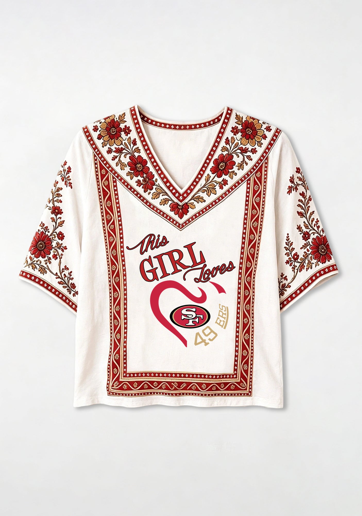 Boho Floral Border San Francisco 49ers V-Neck Blouse
