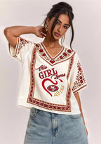 Boho Floral Border San Francisco 49ers V-Neck Blouse