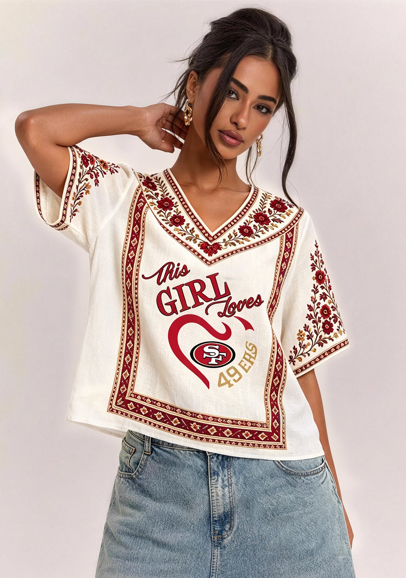 Boho Floral Border San Francisco 49ers V-Neck Blouse