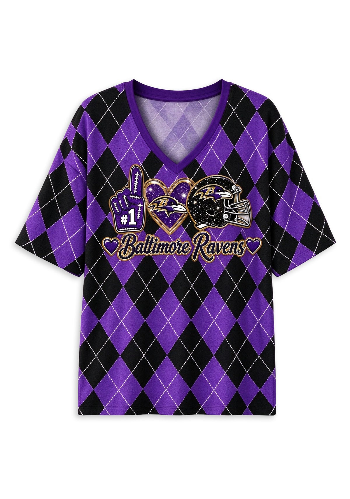 Women's Baltimore Ravens Argyle #1 Fan Heart Helmet V-Neck T-Shirt