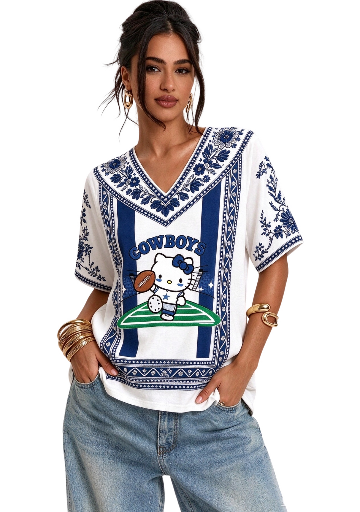 Women's Boho Floral Dallas Cowboys Hello Kitty Game Day V Neck Shirt Main image