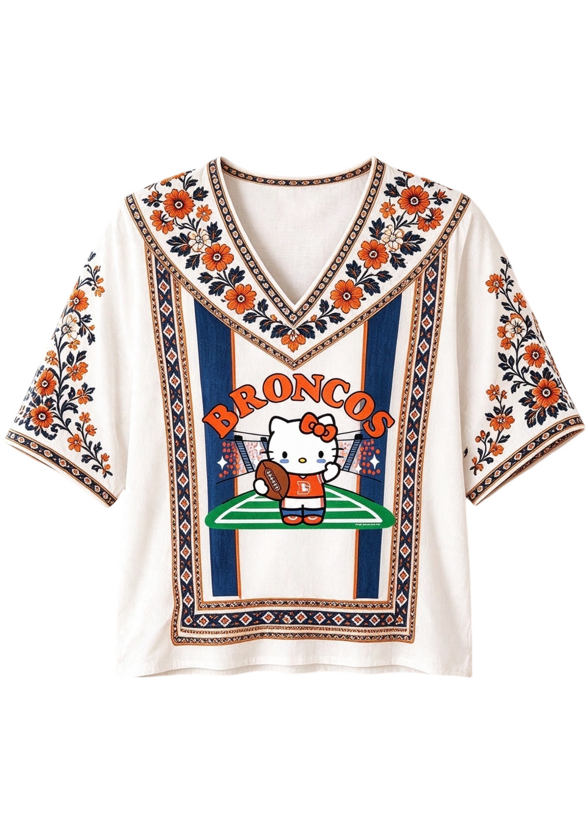 Women's Boho Floral Broncos Hello Kitty Game Day V Neck Shirt