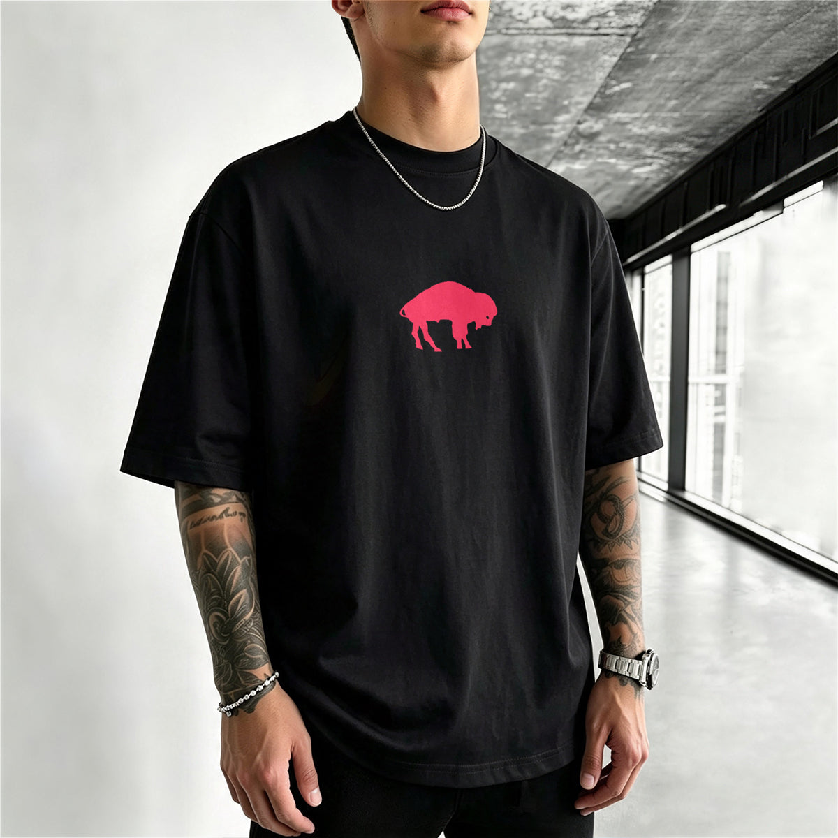 Buffalo Bills Vertical Stripe Bison Silhouette Printed T-Shirt
