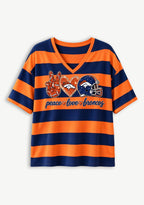 Women's Peace Love Denver Broncos Football Striped V Neck T-Shirt