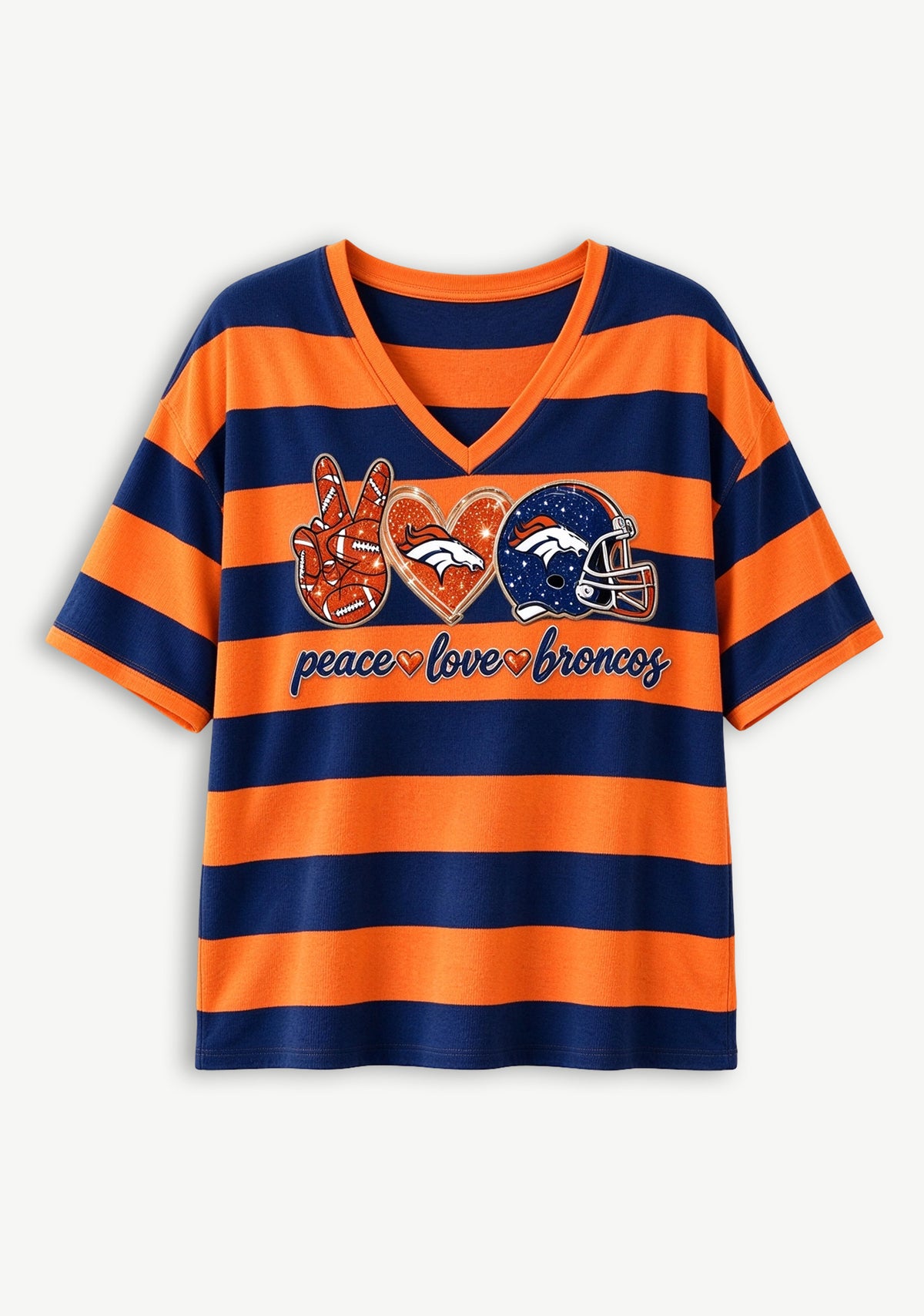 Women's Peace Love Denver Broncos Football Striped V Neck T-Shirt