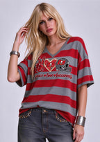 Women's Peace Love Tampa Bay Buccaneers Football Striped V Neck T-Shirt