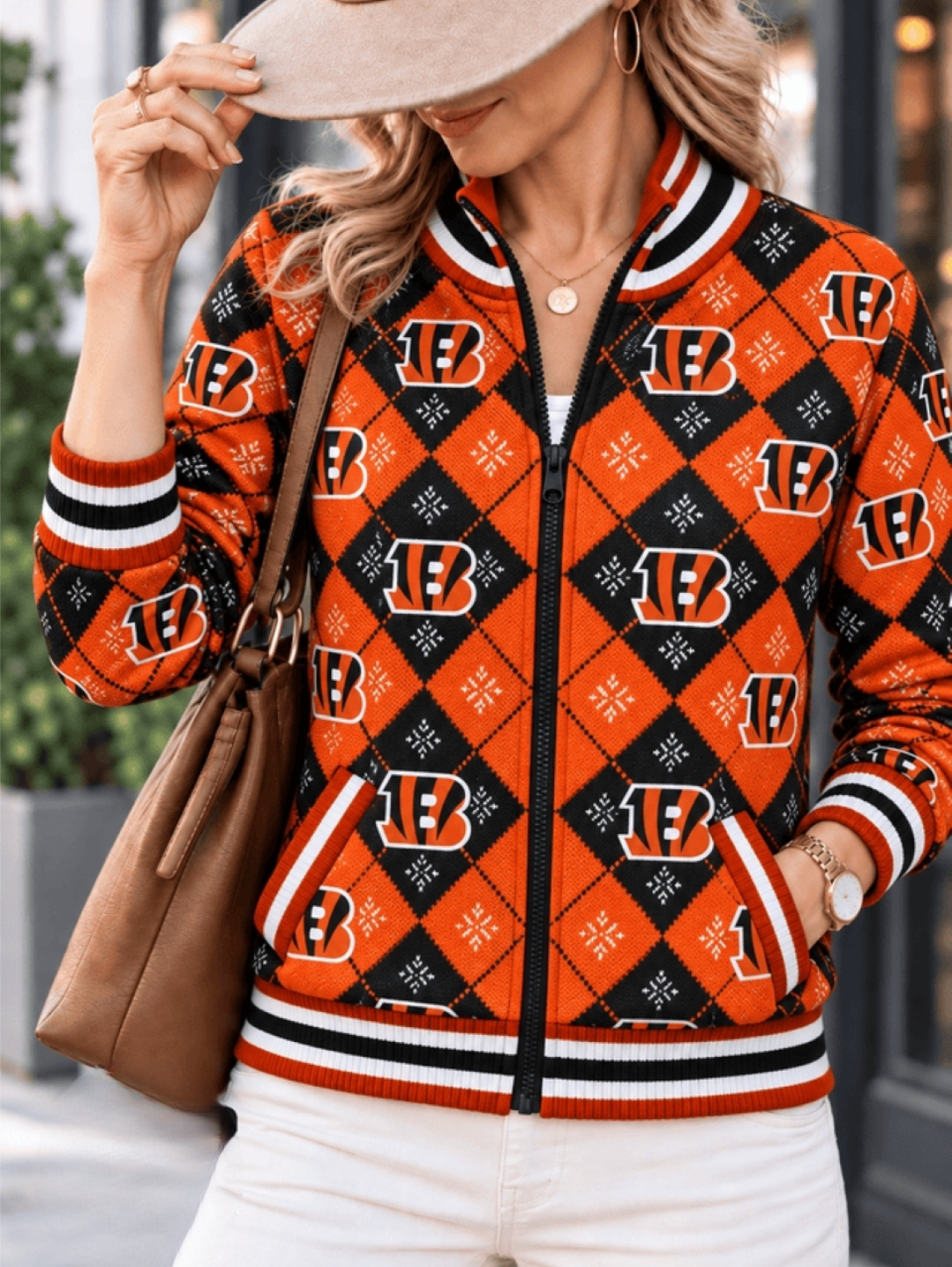 Women's Cincinnati Bengals Argyle Print Zip Up Varsity Jacket Main image