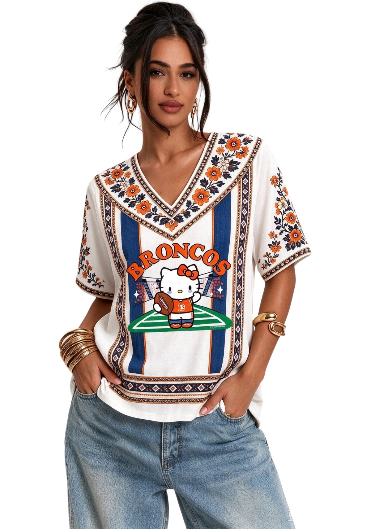 Women's Boho Floral Broncos Hello Kitty Game Day V Neck Shirt