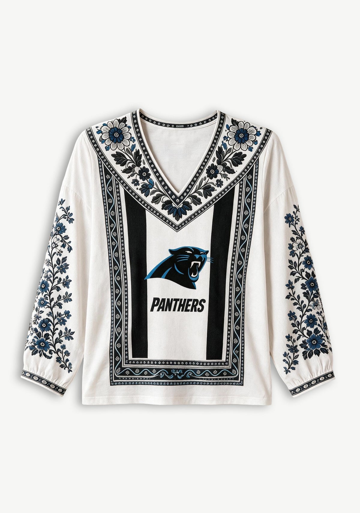 Carolina Panthers Women Floral Printed V-Neck Long Sleeve Shirt