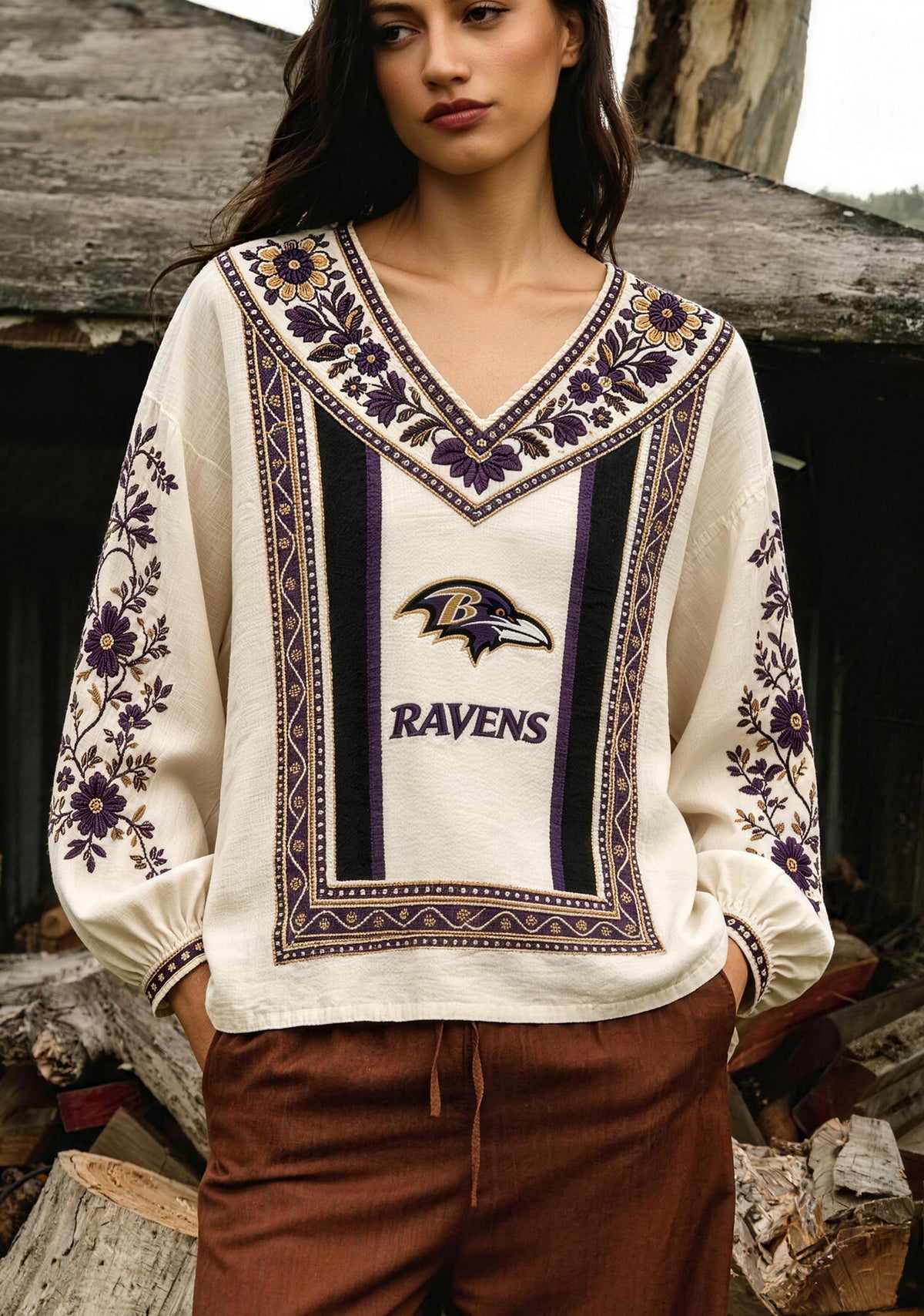 Baltimore Ravens Bohemian Floral Printed V-Neck Long Sleeve Shirt Main image