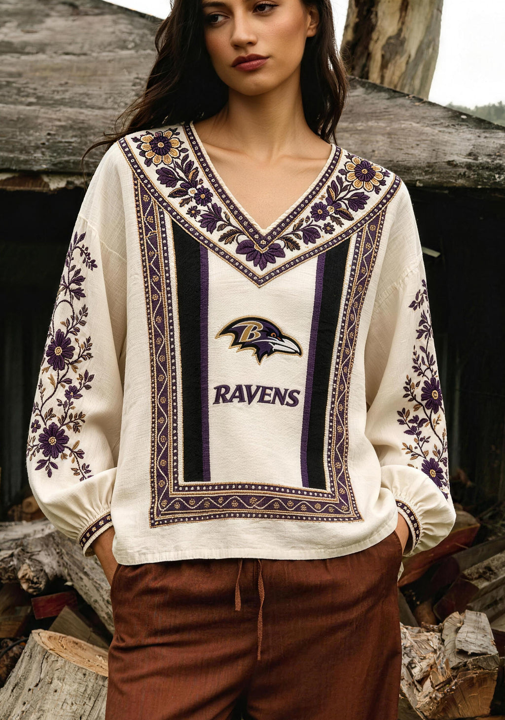 Baltimore Ravens Bohemian Floral Printed V-Neck Long Sleeve Shirt