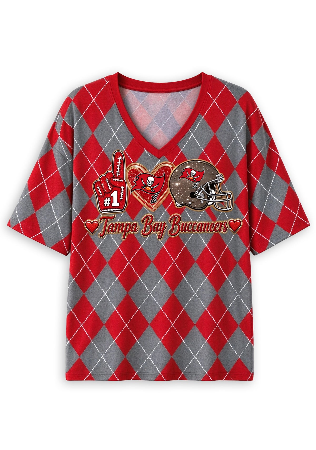 Women's Tampa Bay Buccaneers Argyle #1 Fan Heart Helmet V-Neck T-Shirt