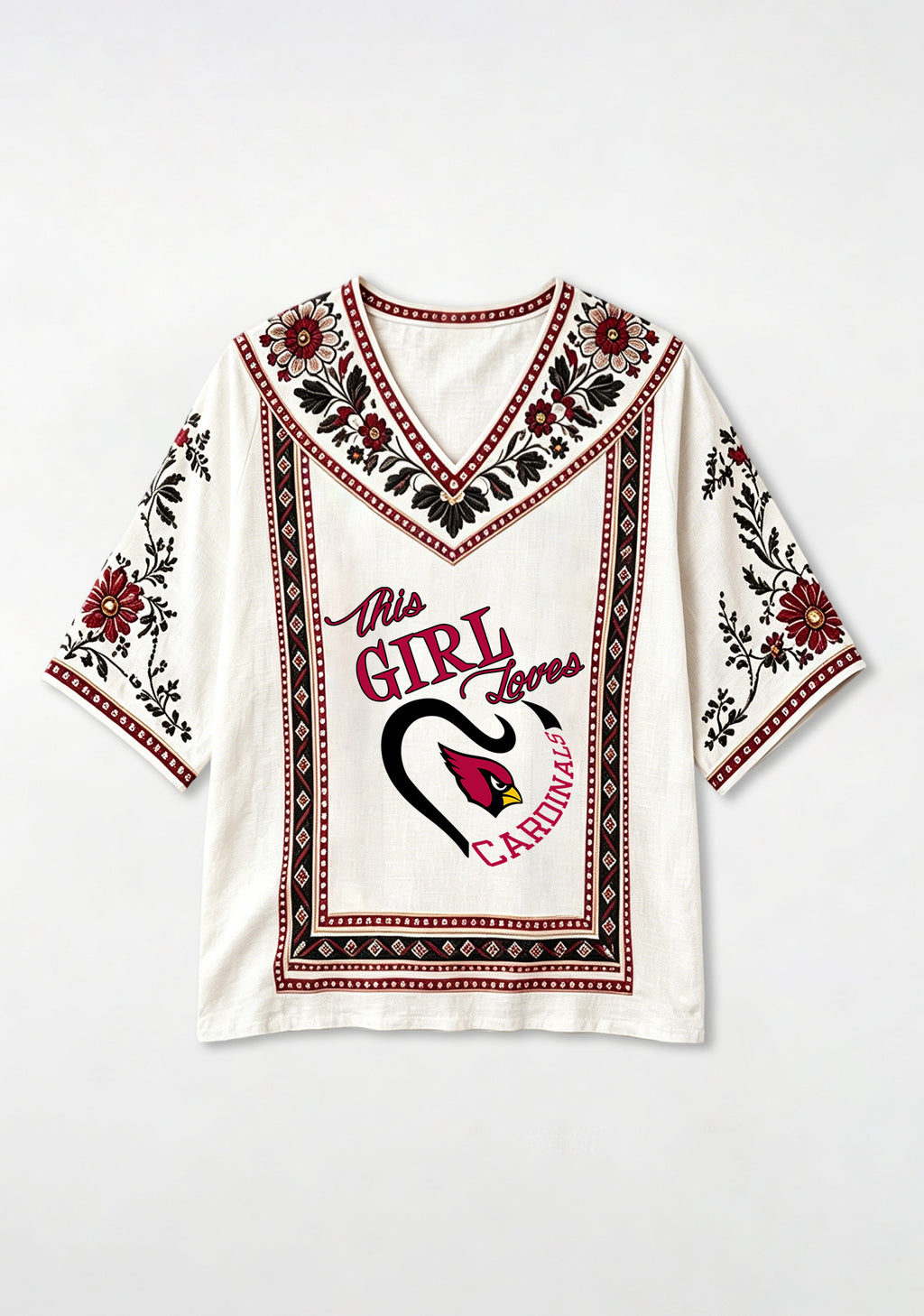 Boho Floral Border Arizona Cardinals V-Neck Blouse