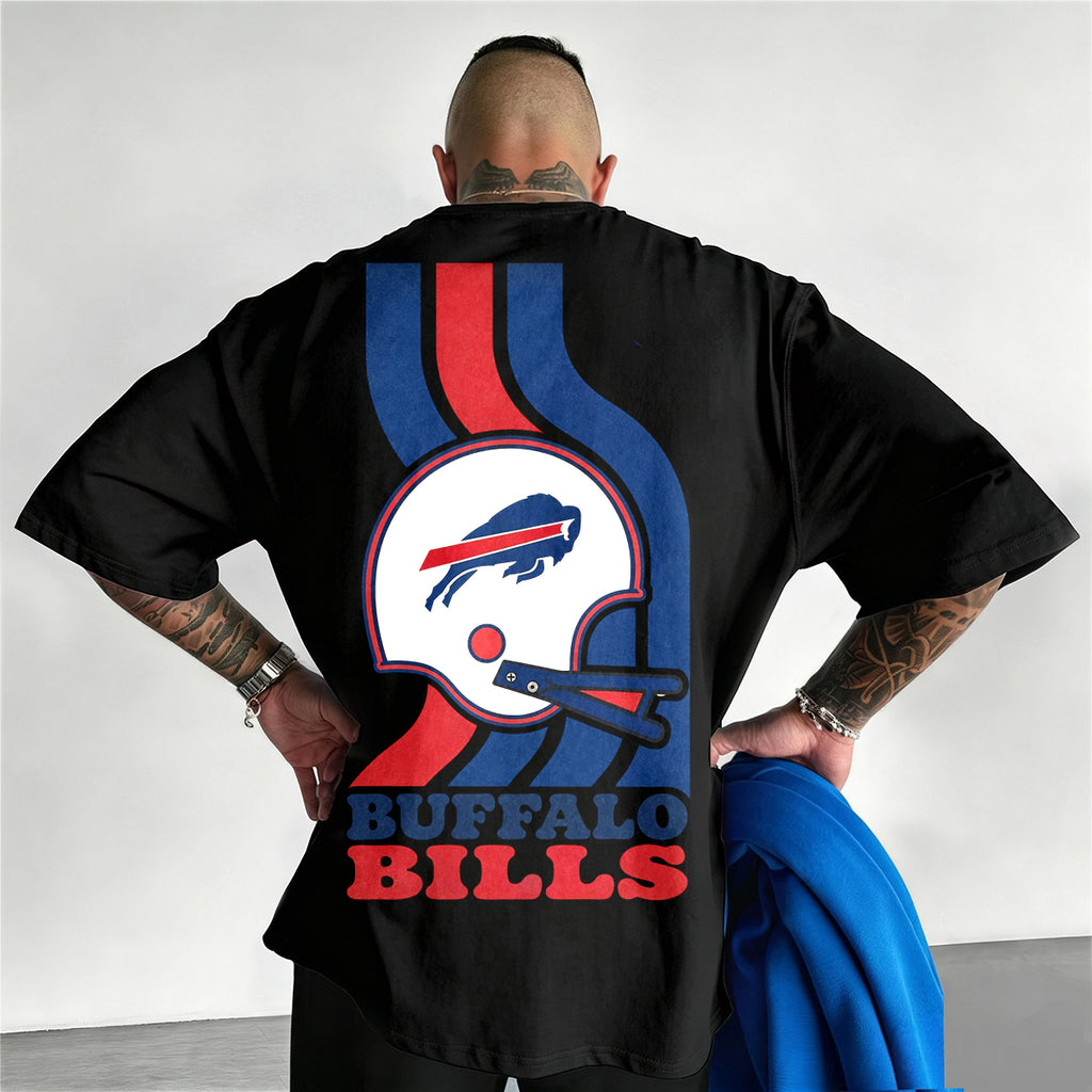 Buffalo Bills Retro Football Helmet Curved Stripe Printed T-Shirt