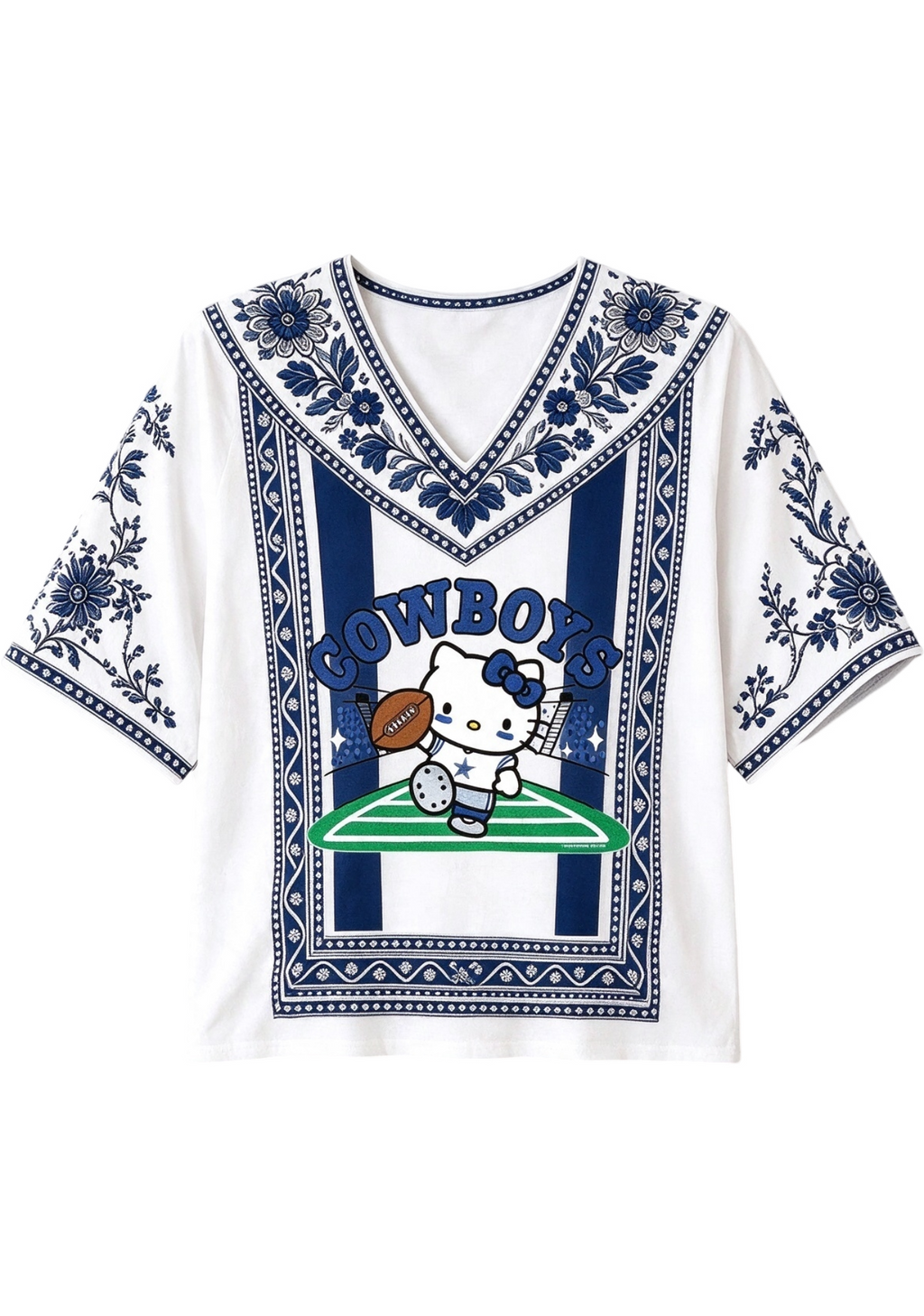 Women's Boho Floral Dallas Cowboys Hello Kitty Game Day V Neck Shirt