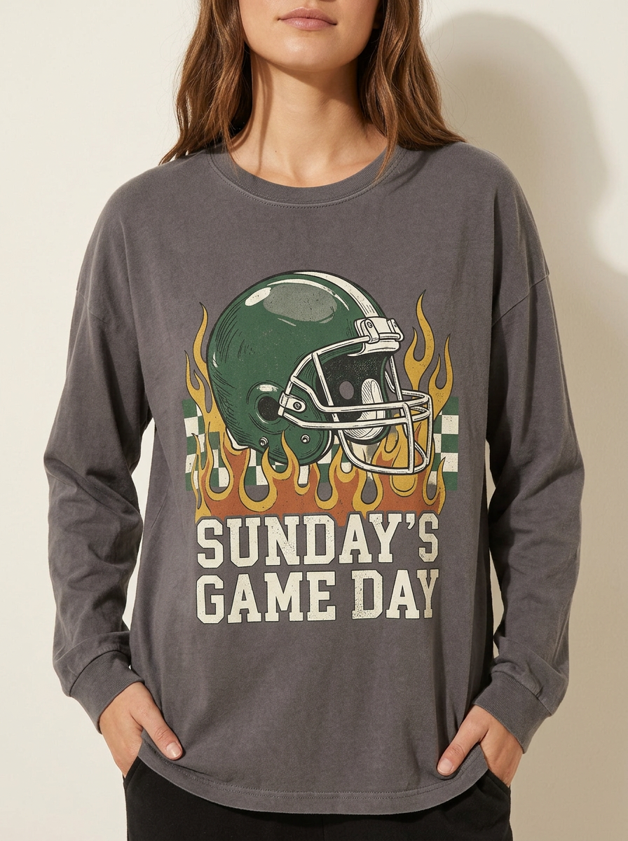 Women's Football Lover Sunday's Game Day Helmet Fire Printed Long Sleeve T-Shirt
