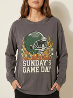 Women's Football Lover Sunday's Game Day Helmet Fire Printed Long Sleeve T-Shirt