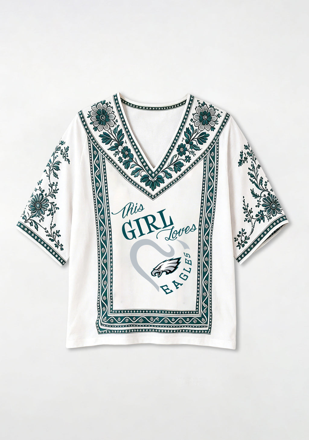 Boho Floral Border Philadelphia Eagles V-Neck Blouse