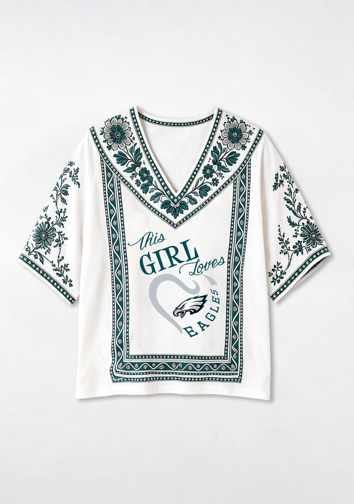 Boho Floral Border Philadelphia Eagles V-Neck Blouse