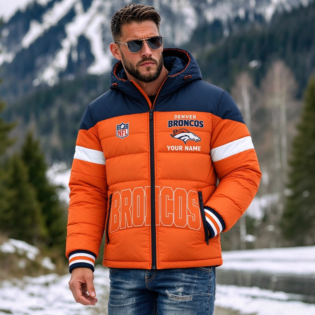 Denver Broncos Hooded Color Block Puffer Jacket  Custom Name Gifts For Fan