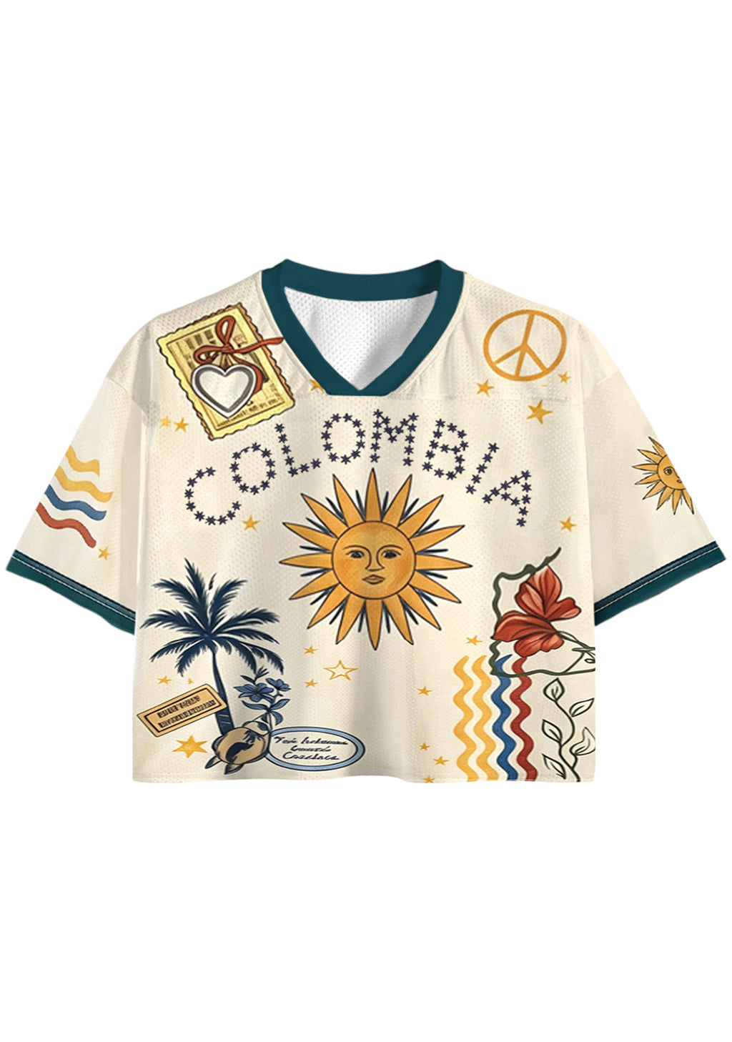 Retro Colombia Travel Stamp Peace Sign Cropped Jersey Shirt