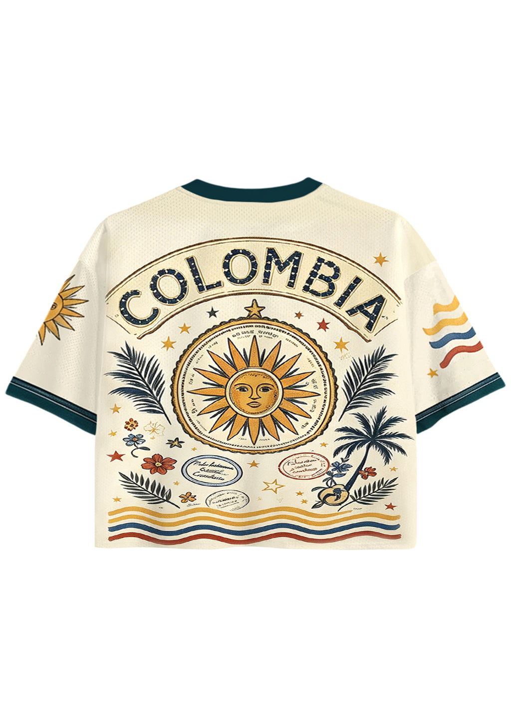Retro Colombia Travel Stamp Peace Sign Cropped Jersey Shirt